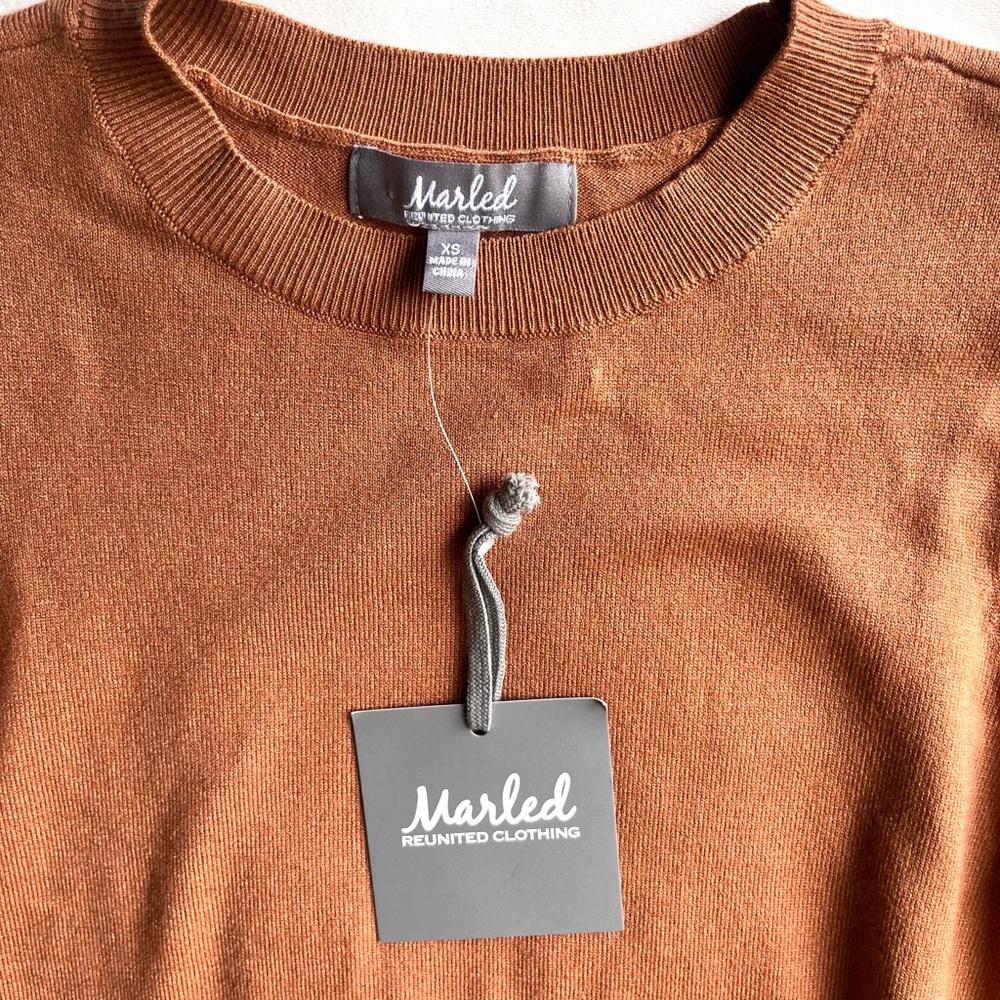 Marled Burnt Orange Crewneck Sweater with Puff Shoulders - Picture 2 of 8